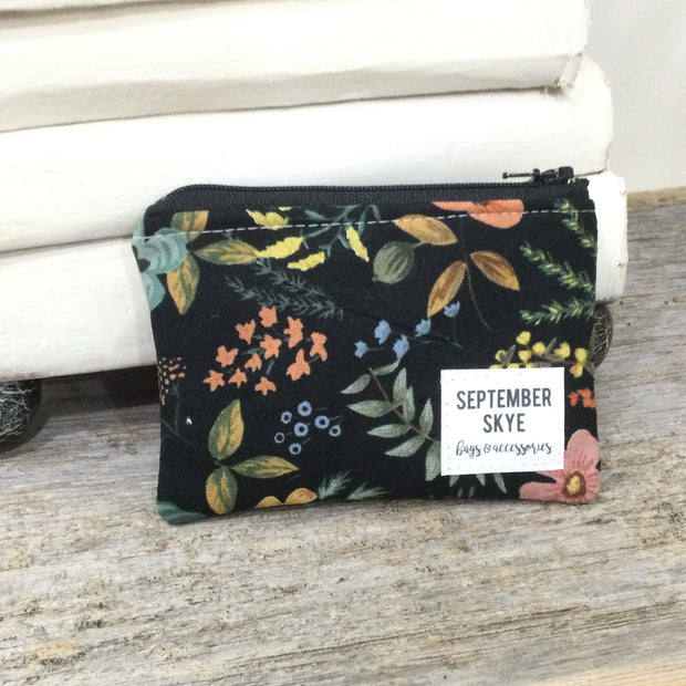 Black Soft Florals/Mini Cotton ZIp Bag by September Skye