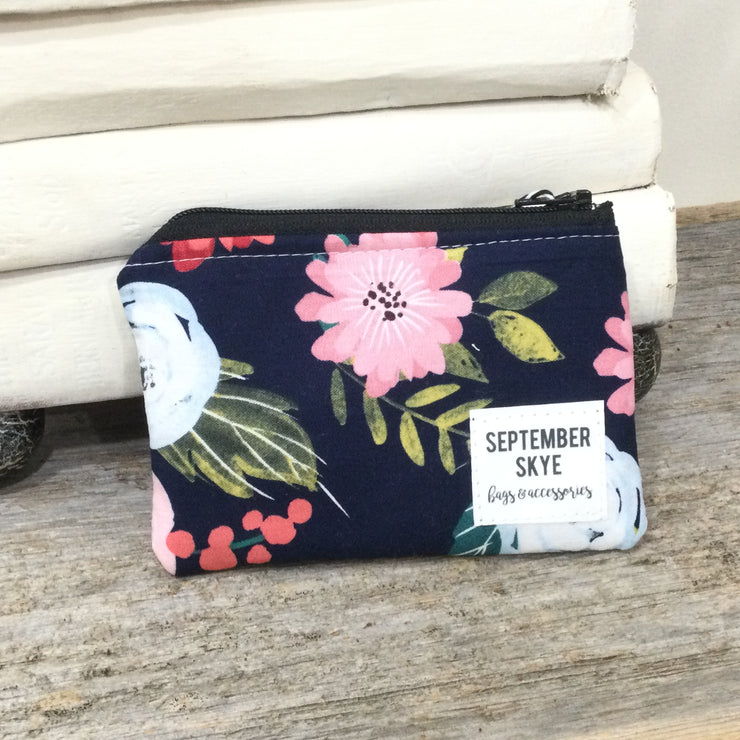 Navy Bright Florals/Mini Cotton ZIp Bag by September Skye