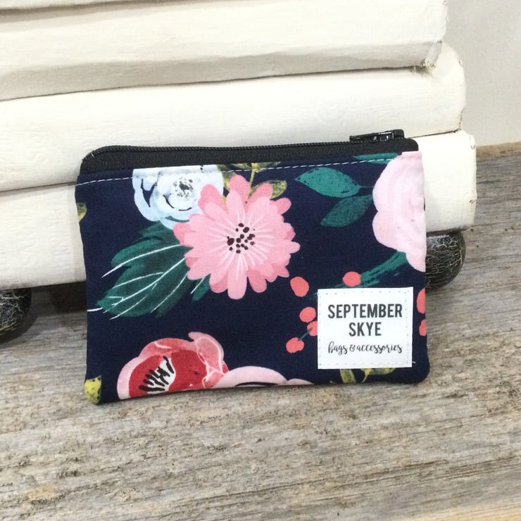 Navy Bright Florals/Mini Cotton ZIp Bag by September Skye
