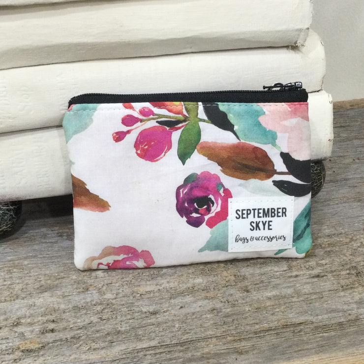 White Bright Florals/Mini Cotton ZIp Bag by September Skye