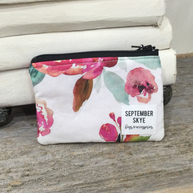 White Bright Florals/Mini Cotton ZIp Bag by September Skye