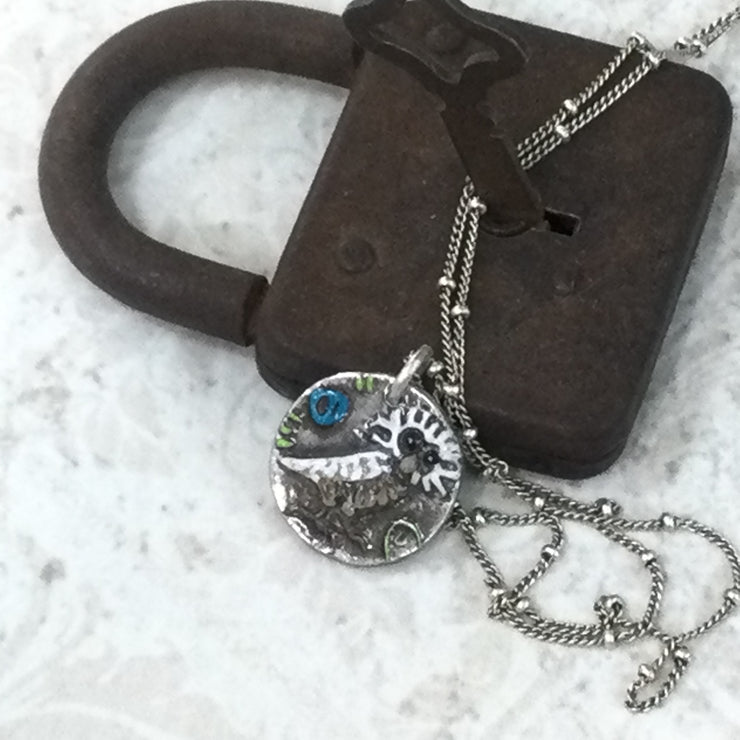 Otilia/18” Handpainted Owl Silver Necklace