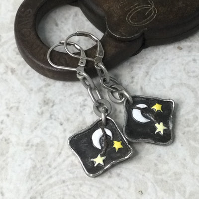 Ania/Handpainted Moon & Stars Silver Earrings