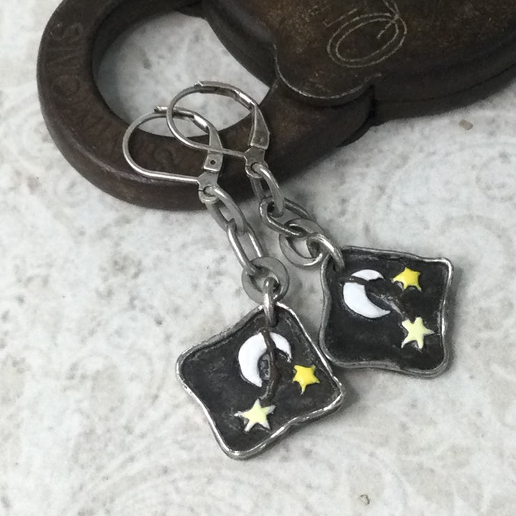 Ania/Hand painted Moon & Stars Silver Earrings