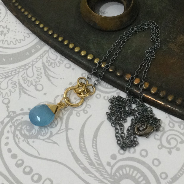 Calvani/18” Blue Chalcedony Gold & Gunmetal Necklace