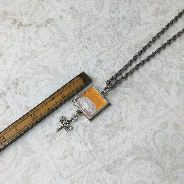 Angus/24” Orange & Silver, Resin Sealed Bezel & Silver Dragonfly Necklace