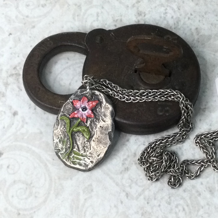 Cora/18” Handpainted Flower Silver Necklace
