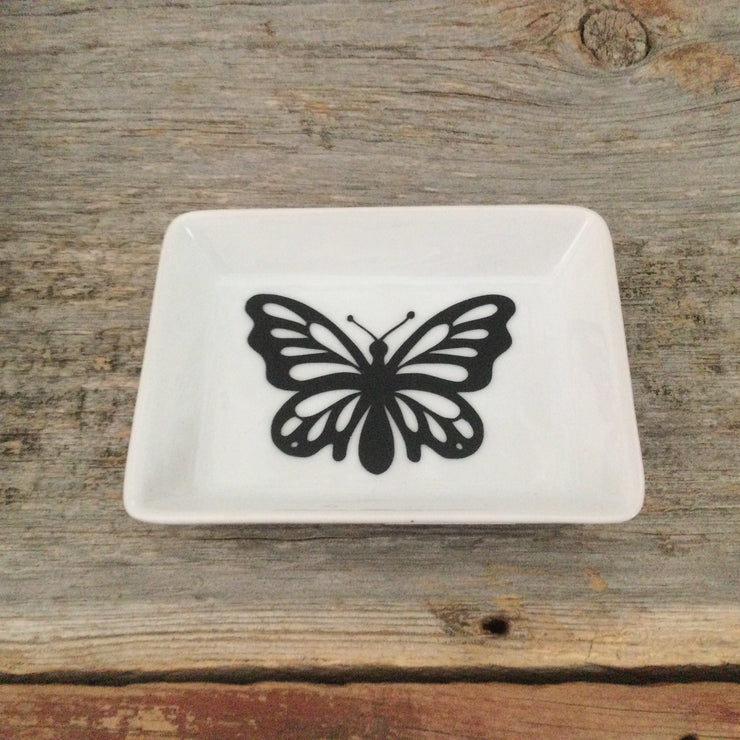 Butterfly on White Metallic Speckled/Small Trinket Dish by lydeen