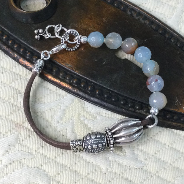 Hana/Adjustable 7-8” Sterling, Fire Agate Beads & Leather Bracelet