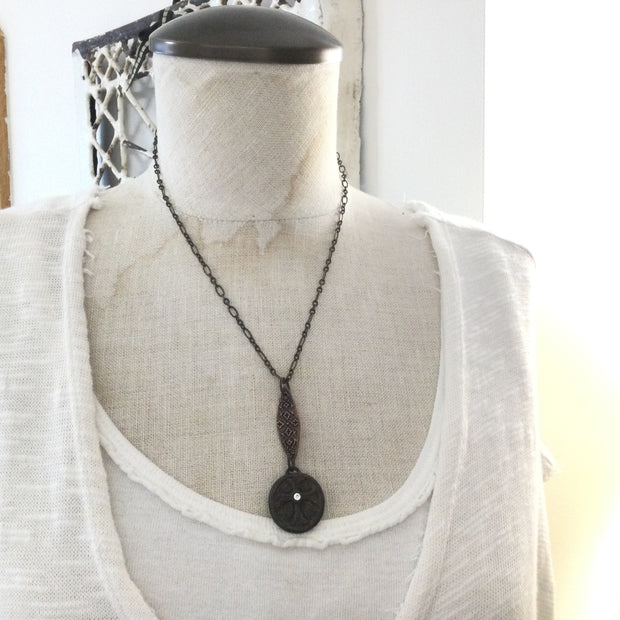 Cortney/18” Crystal Cross Pendant Brass Necklace