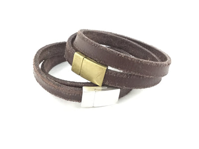 Jordy/Thick Flat Distressed Brown Leather Double Wrap Magnetic Clasp Bracelet